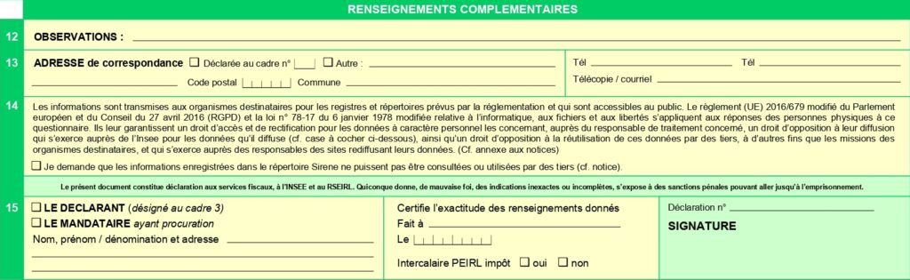 Renseignements complémentaire, cadre 15 Formulaire p0i cadre 12-13-14-15